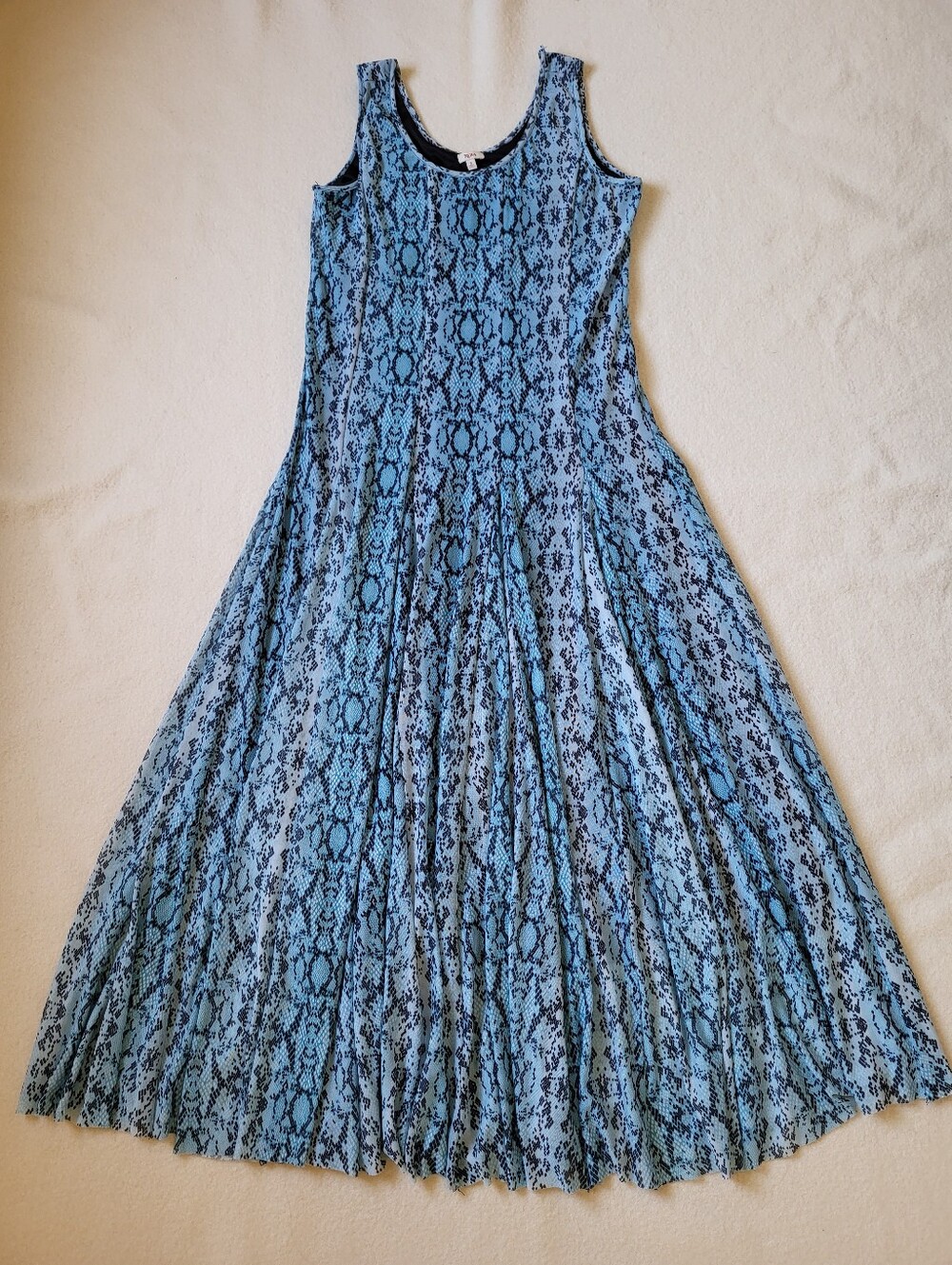 Reba Blue Snake Skin Maxi Dress Women's Size Small Sleevless Layered Mesh Lined